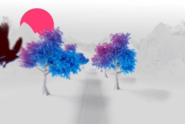 Animated white scene with purple and blue trees and a black bird flying across